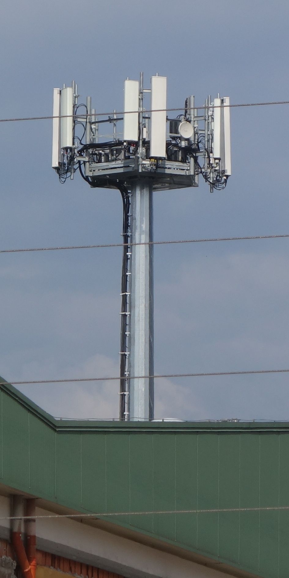 Der 2019 errichtete Masten mit den Antennen von Tim und Vodafone. Der alte musste wegen der Erweiterung des Obstmagazins weichen.